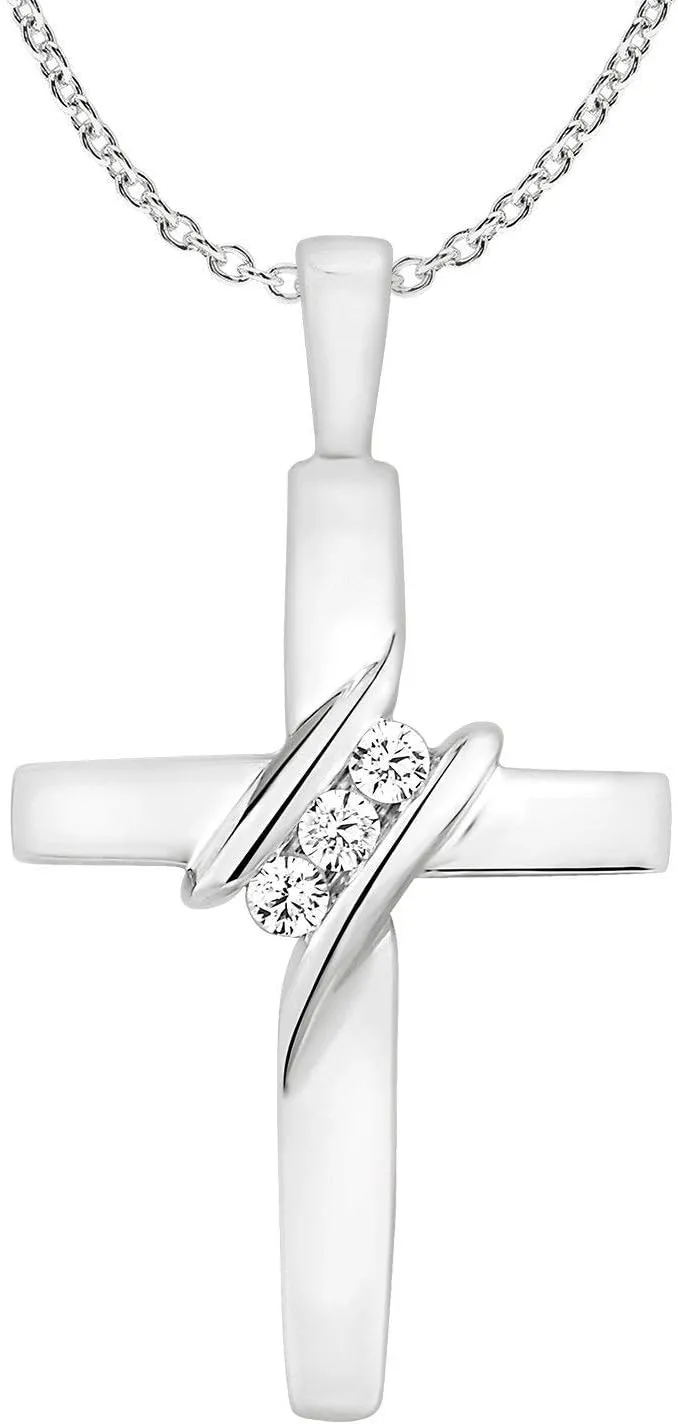 10k Diamond Three-Stone Cross Pendant Necklace Religious Jewelry (0.05cttw, I-J/I2-I3) 18"