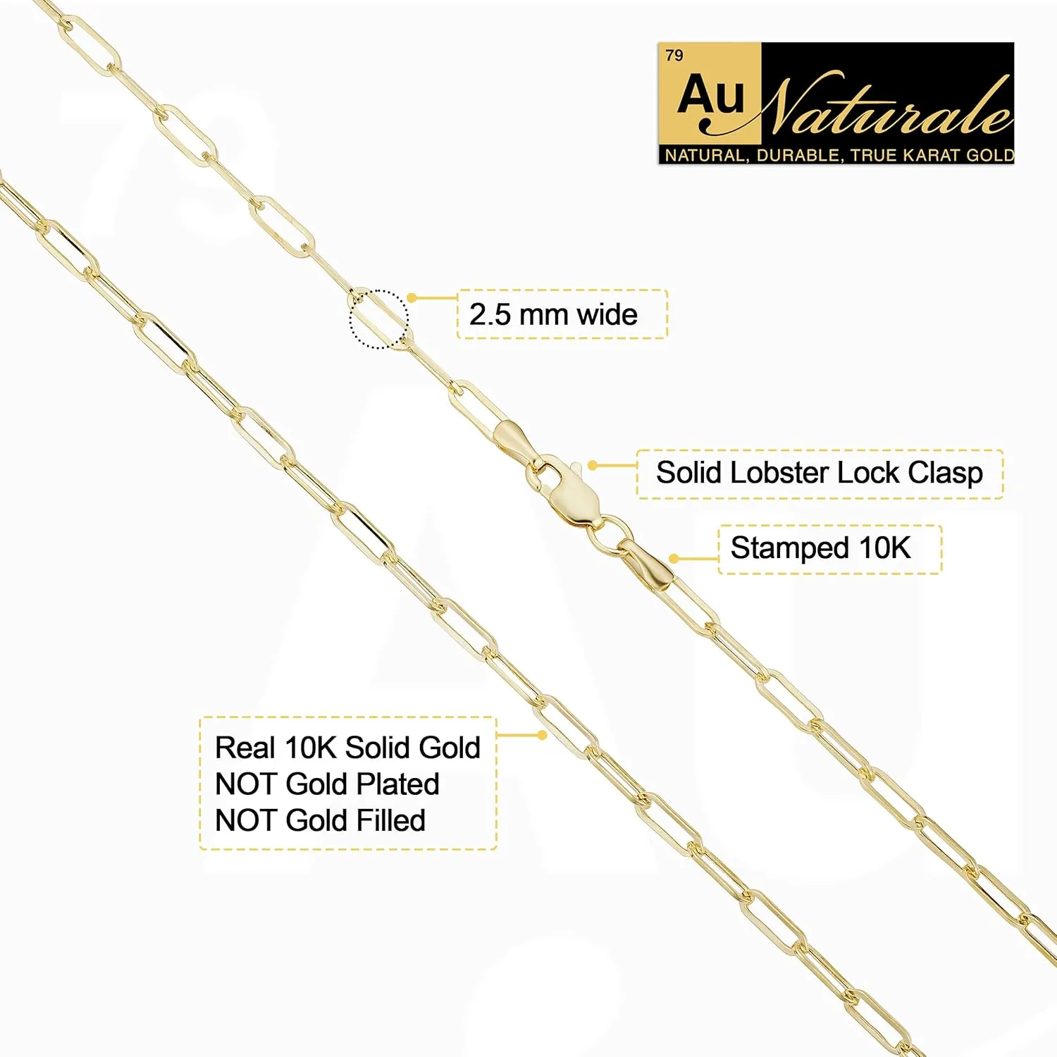10k Yellow Gold 2.5 mm Paperclip Link Chain Necklace for Women (16, 18, 20, 24, 30 or 36 inch)