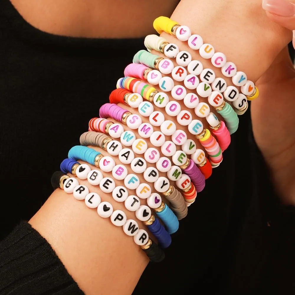 12 PCS BFF BESTIE Clay Bracelets Set Colorful Bff Bead Friendship Bracelets Bulk Stackable Boho Y2K Elastic Layering Bracelets