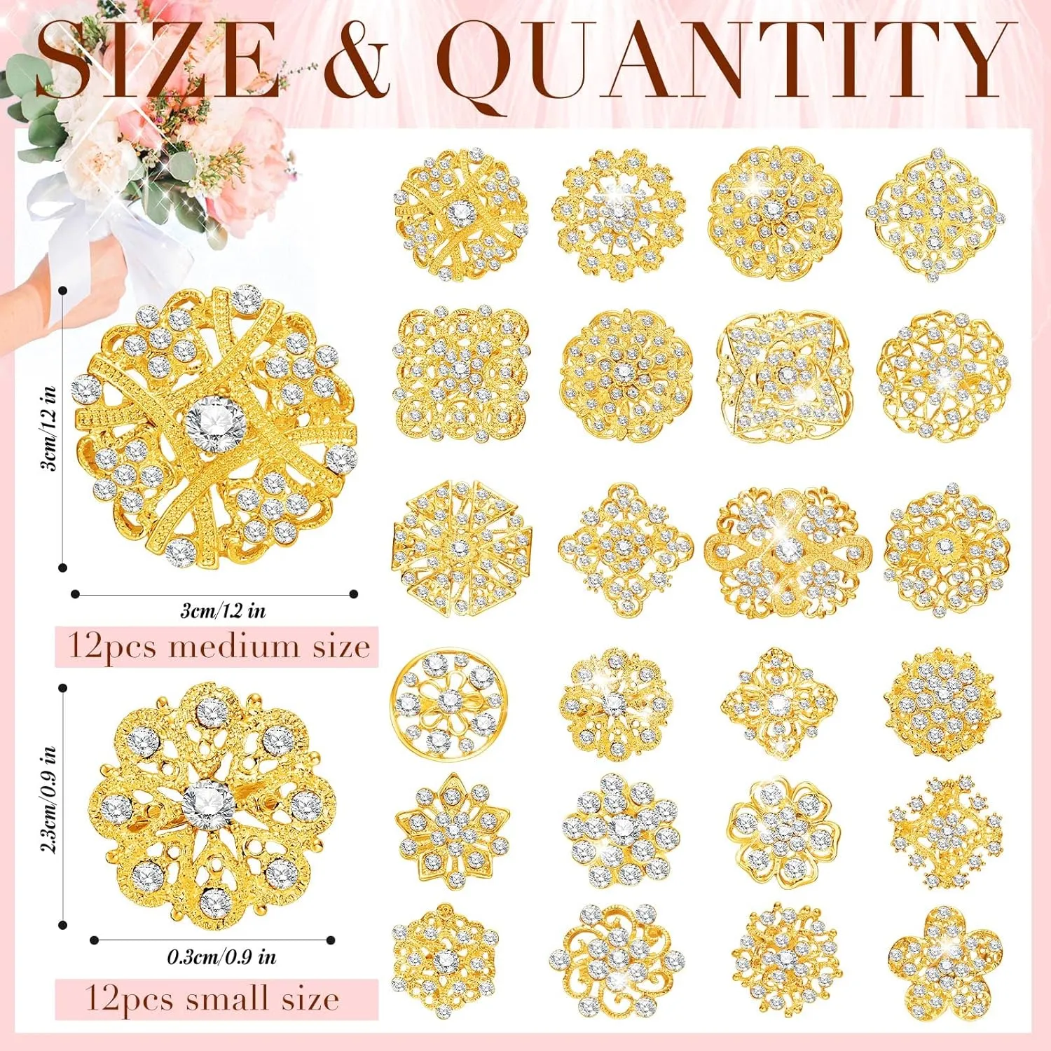 124 Pcs Bouquet Pins Flower Brooch Rhinestone Diamond Brooches Crystal Corsage Boutonniere Stick Pins Embellishments for Crafting Wedding Decor Supplies(Gold)