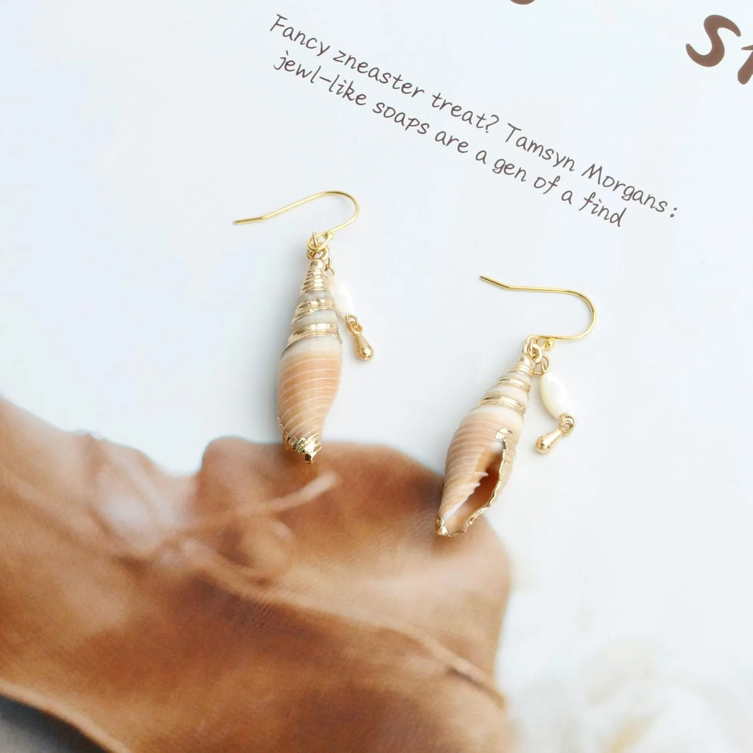 14K Gold Boho Beach Jewelry Ocean Seashell Conch Dangling Drop Earrings for Women, Sterling Silver Hooks