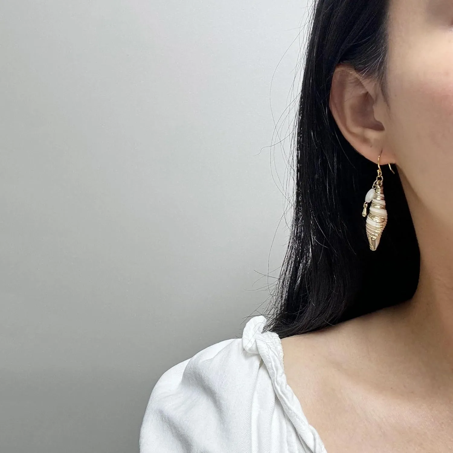 14K Gold Boho Beach Jewelry Ocean Seashell Conch Dangling Drop Earrings for Women, Sterling Silver Hooks