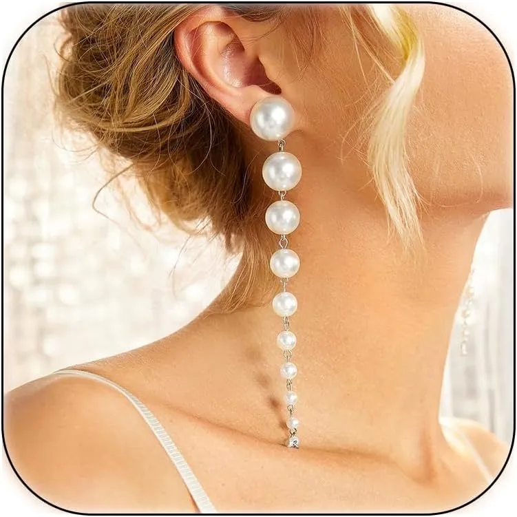 14K Gold Long Pearl Earrings for Women White Pearl Drop Dangle Earring Elegant Wedding Pearl Tassel Earrings for Bridal