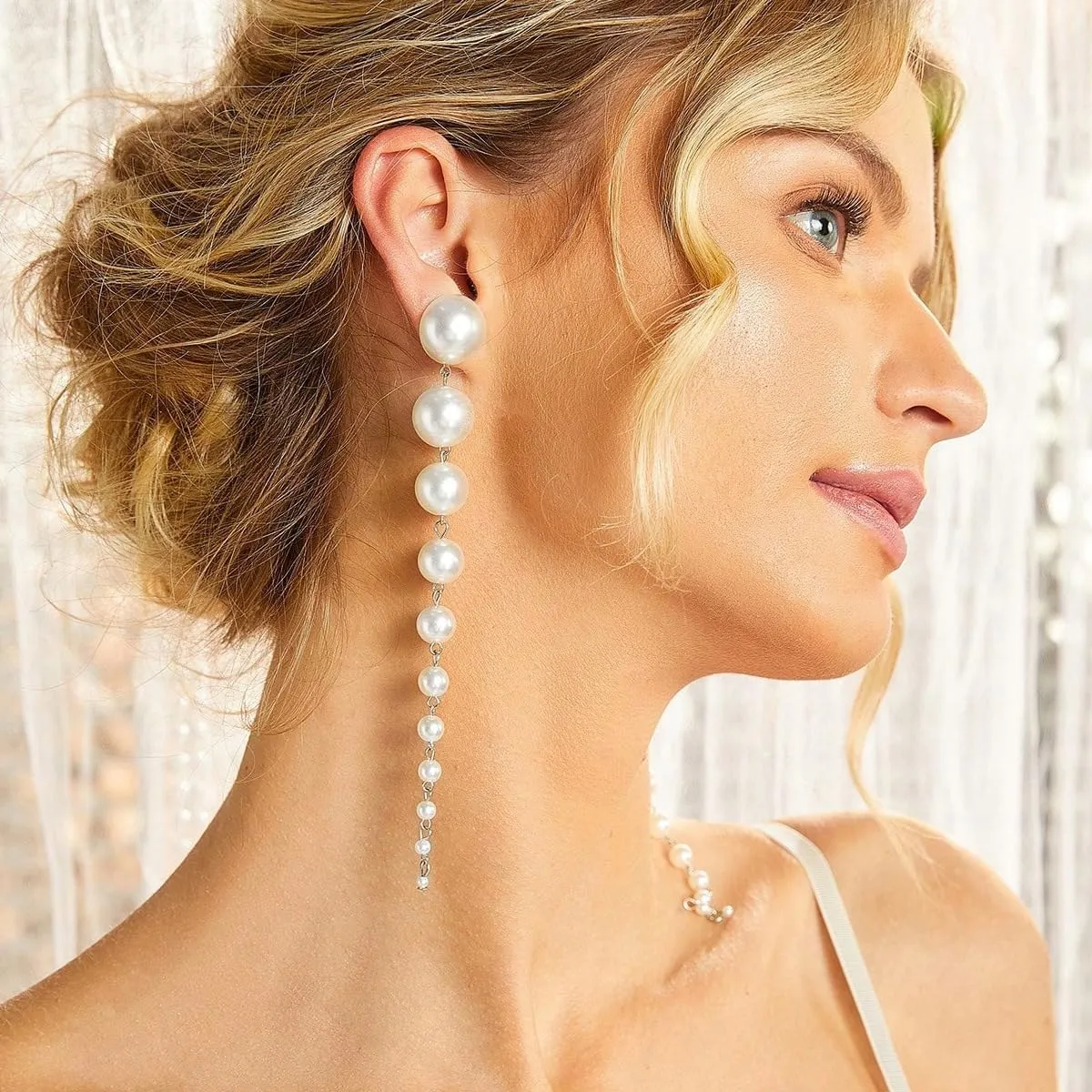 14K Gold Long Pearl Earrings for Women White Pearl Drop Dangle Earring Elegant Wedding Pearl Tassel Earrings for Bridal