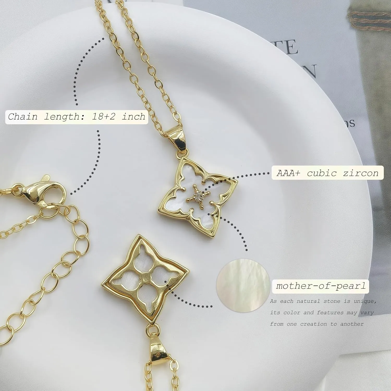 14K Gold Plated Gold Clover Necklace, Dainty Four Leaf Lucky Choker Charm Colorful Clover Adjustable Chain Shell Made Pendant Necklace for Women Jewelry