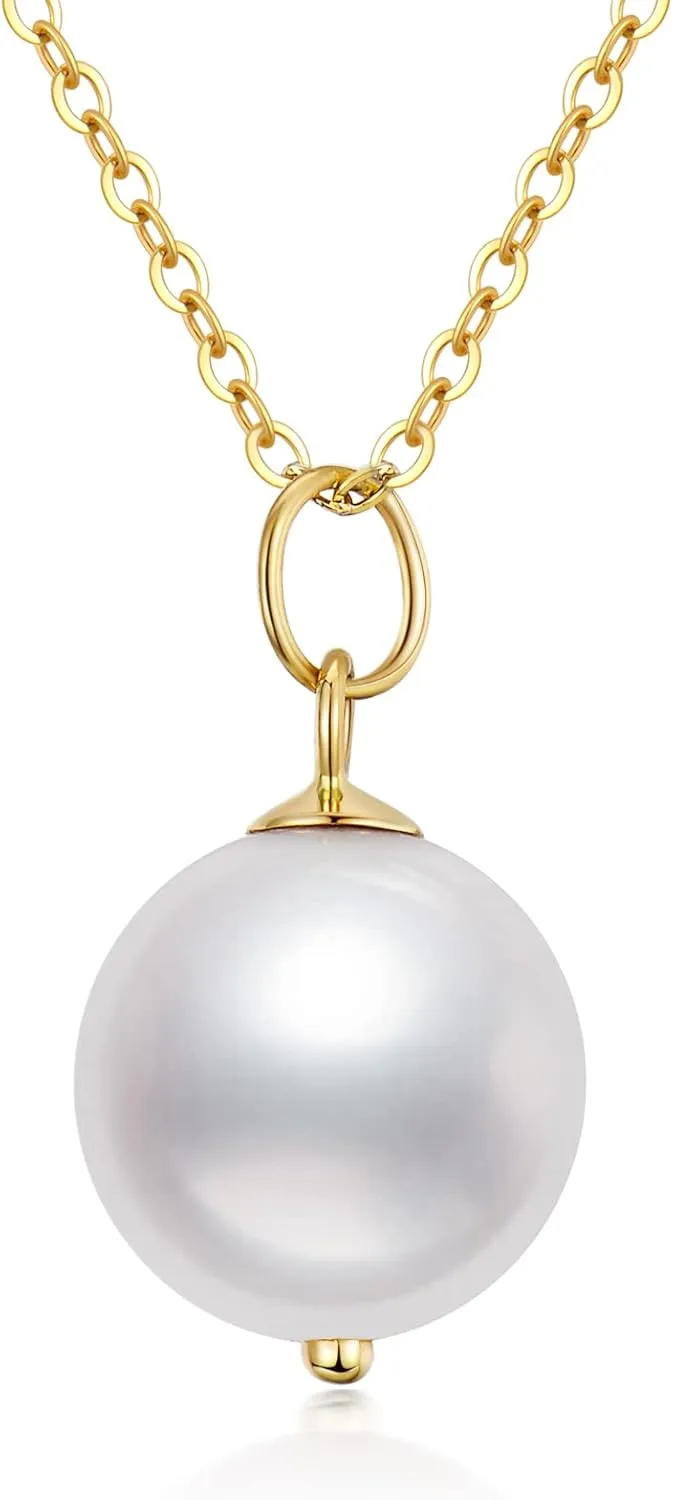 14K Solid Gold Pearl Necklace for Women, Real Gold Freshwater Cultured Single Pearl Pendant Anniversary Jewelry Gifts for Her, Wife, Mom 16"-18"