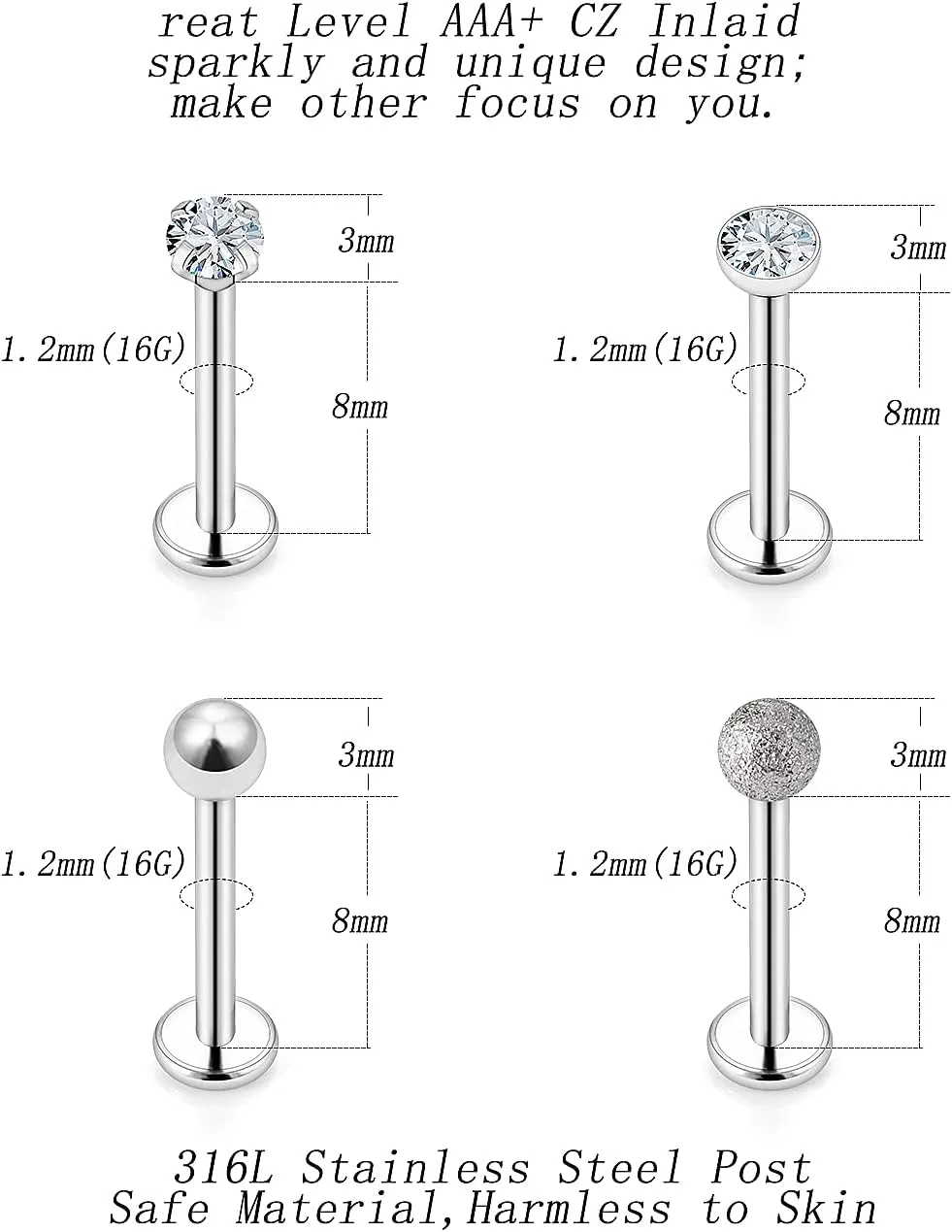 16G Lip Rings for Women Stainless Steel Lip Rings Studs Medusa Labret Monroe Piercing Jewelry Tragus Helix Cartilage Forward Earrings Piercing Jewelry for Men 3mm CZ Diamonds Lip Ring 8 Pairs
