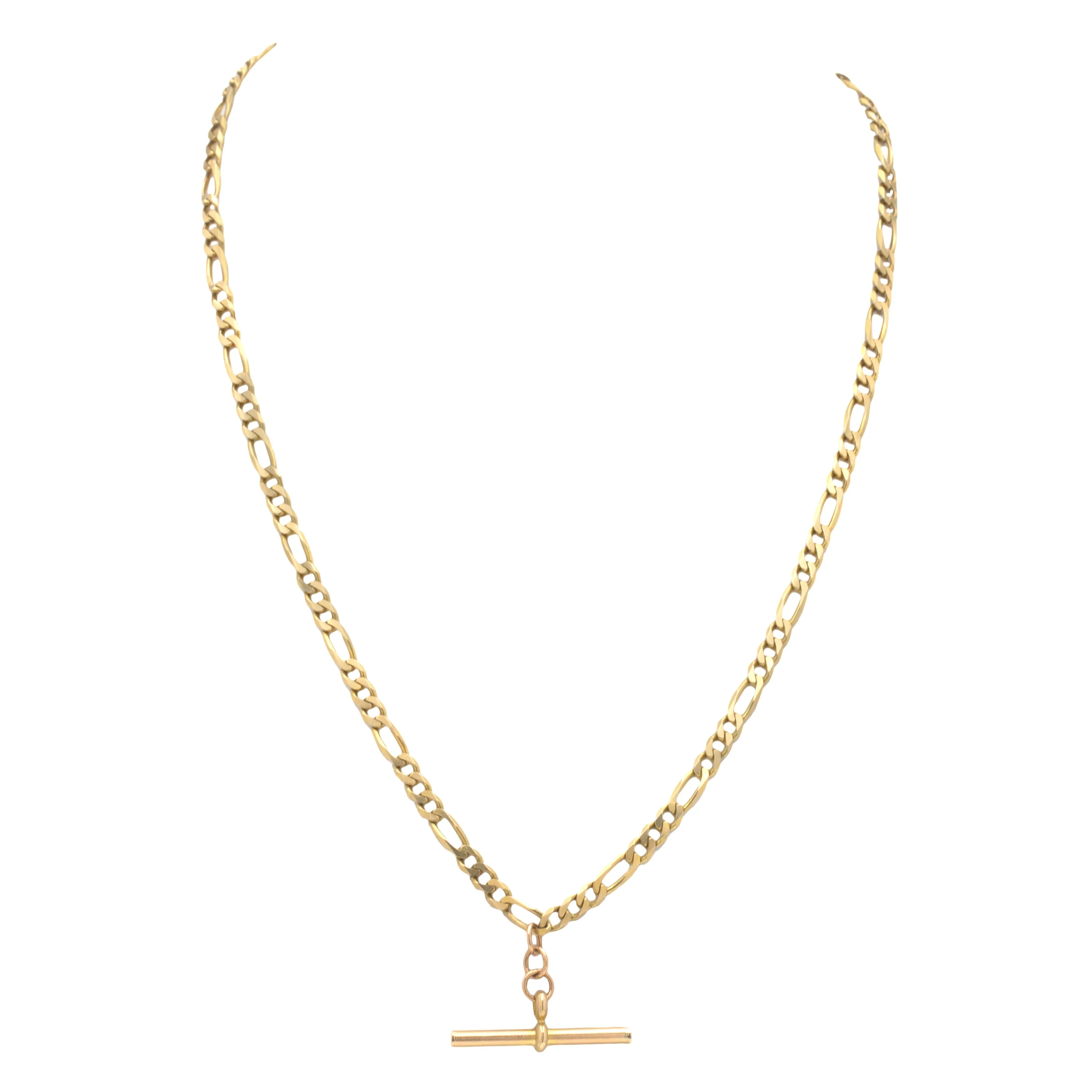 17" 9ct Gold Figaro Albert Chain with T-Bar, 9.6g