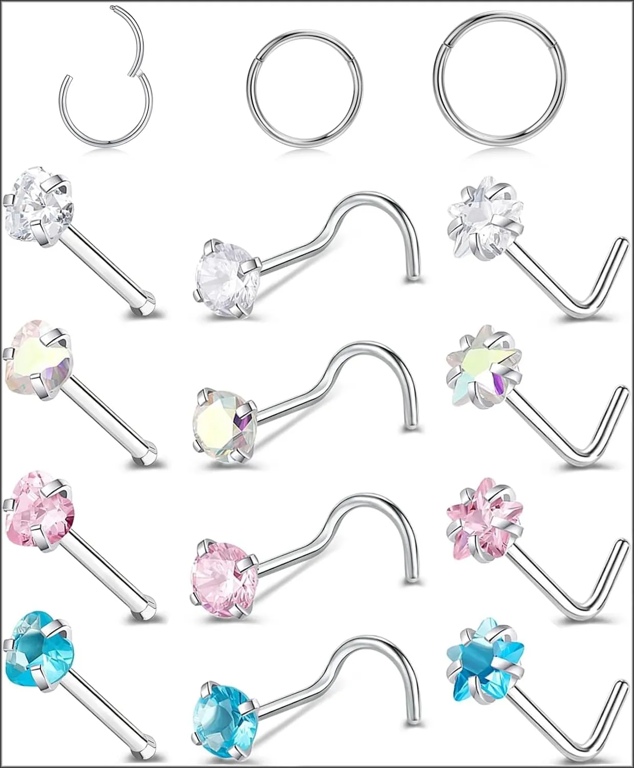 18G/20G Nose Rings Nose Studs L Shape Hypoallergenic Screw Studs Rings 316L Surgical Stainless Steel Body Piercing Jewelry Set for Women Men Cubic Zirconia Size 1.5/2/3mm Gold/Silver