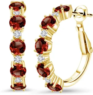 18K Yellow Gold Plated Silver Gemstone Birthstone and Lab Grown Diamond Hoop Earrings for Women | Round Cut 4MM and 1.9MM Stones | 1 Inch Diameter Hoops | Fine Jewelry for Her Mom Wife Women