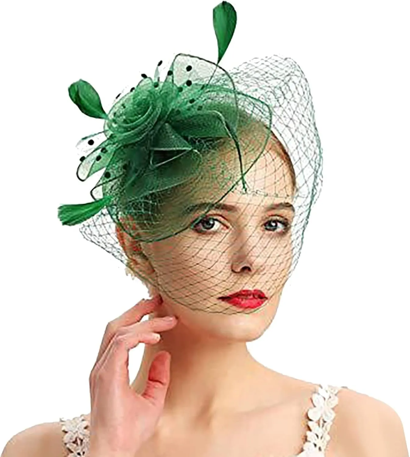1920s Fascinator Hat,Hair Clip Mini Tea Party Hats for Women, Black Satin Mini Top Hat Hair Clip with (Green, One Size)