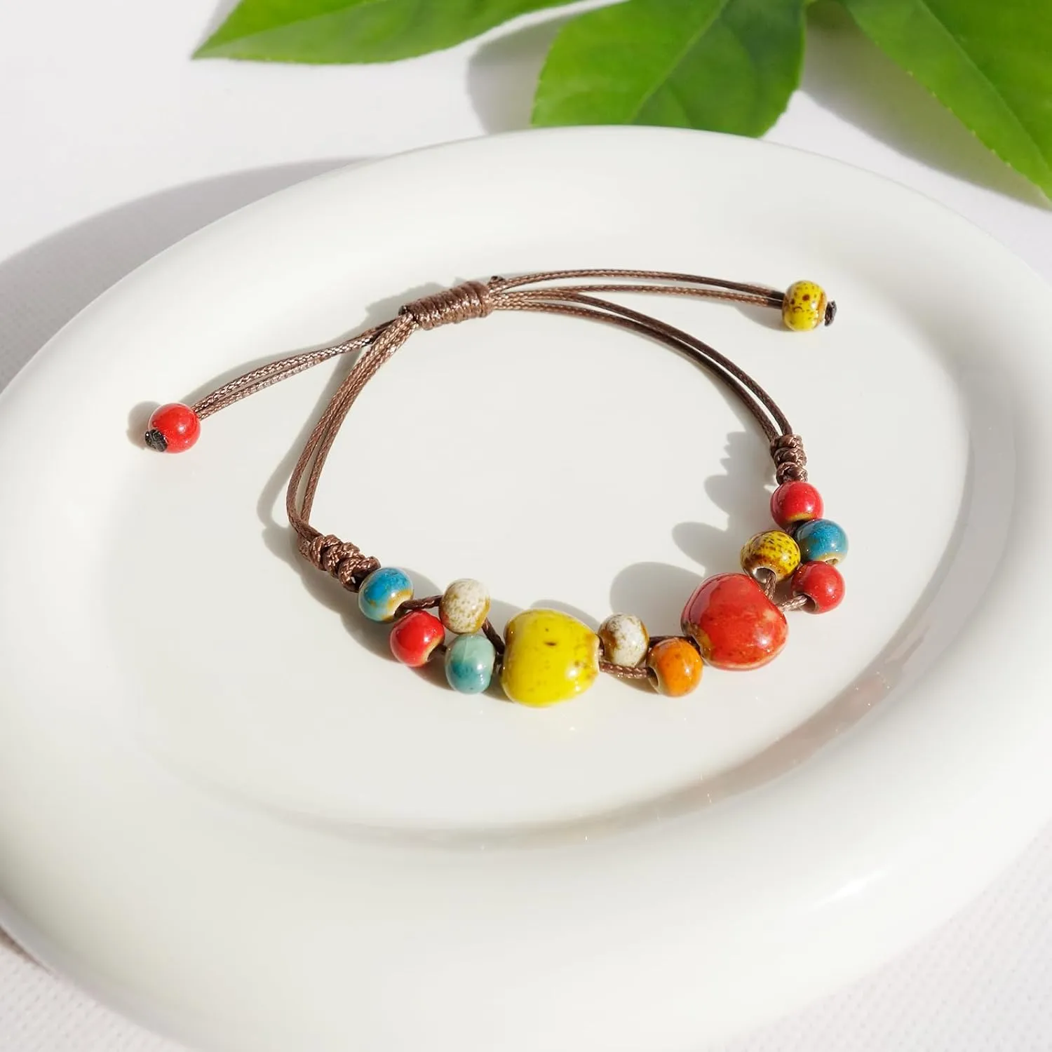 2 Handmade Green Boho Bracelets for Women, Bohemian Ceramic Beads Bracelets for Friends, Trendy Porcelain Stone Beaded Bracelets for Sisters