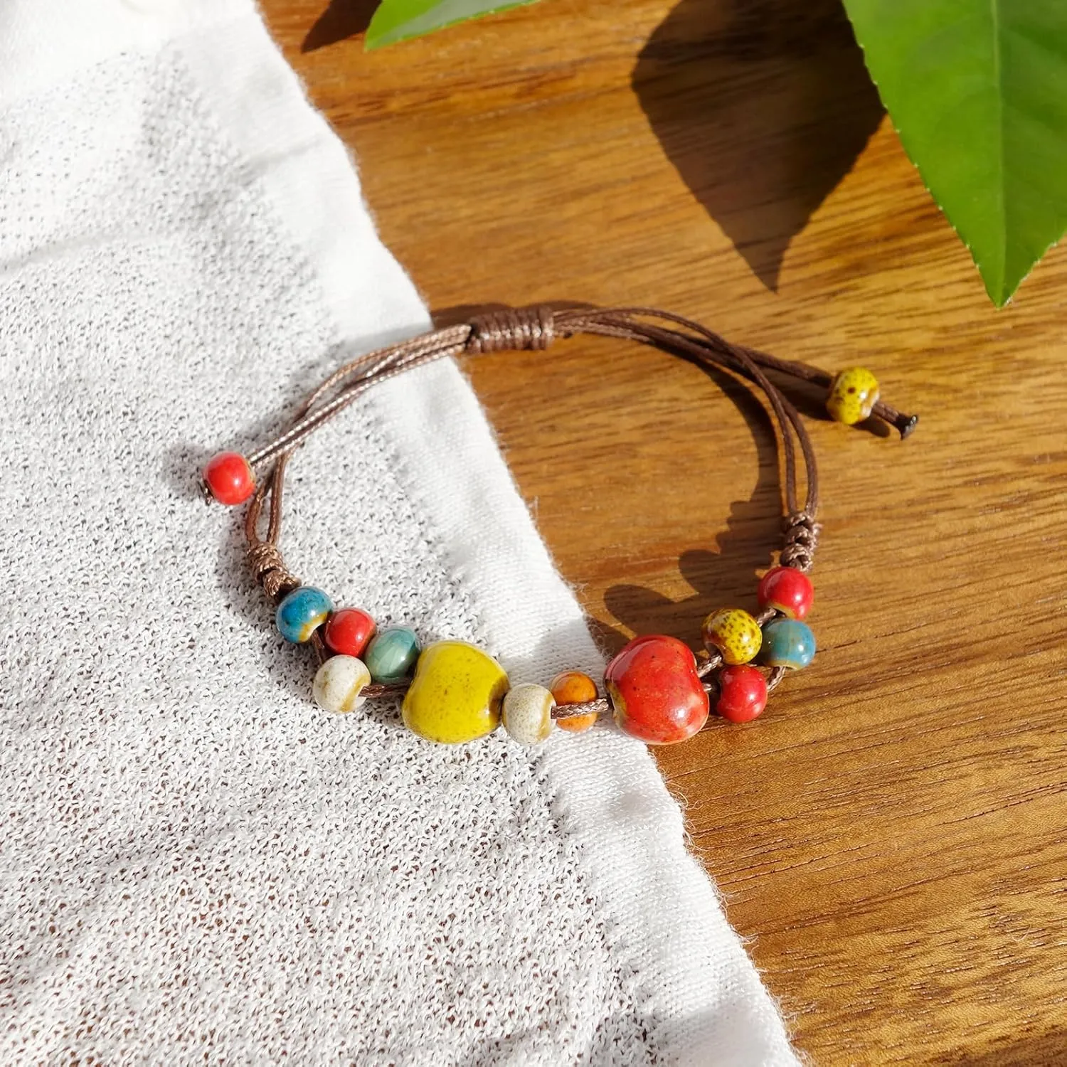 2 Handmade Green Boho Bracelets for Women, Bohemian Ceramic Beads Bracelets for Friends, Trendy Porcelain Stone Beaded Bracelets for Sisters