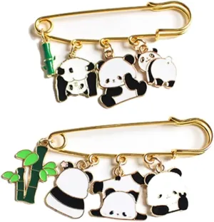 2 Pack Premium Enamel Panda Pins Green Bamboo Leaf Pendant Charm Gold Pins So Cute Happy Panda Pins Personalized Brooches Women Lovely Panda Pins For Bag