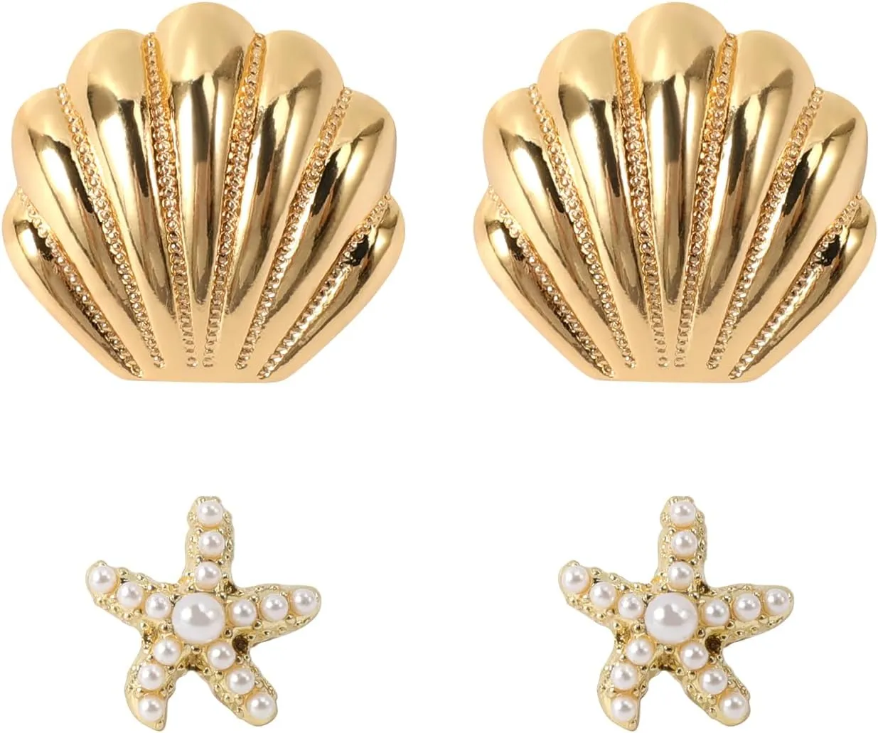 2 Pairs Gold Seashell Earrings for Women and Starfish Earrings, Beachy Boho Dangle Drop Jewelry, Summer Nautical Mermaid Statement Exaggerated Earrings Studs, Chunky Ocean Cowrie Shell Conch Earrings