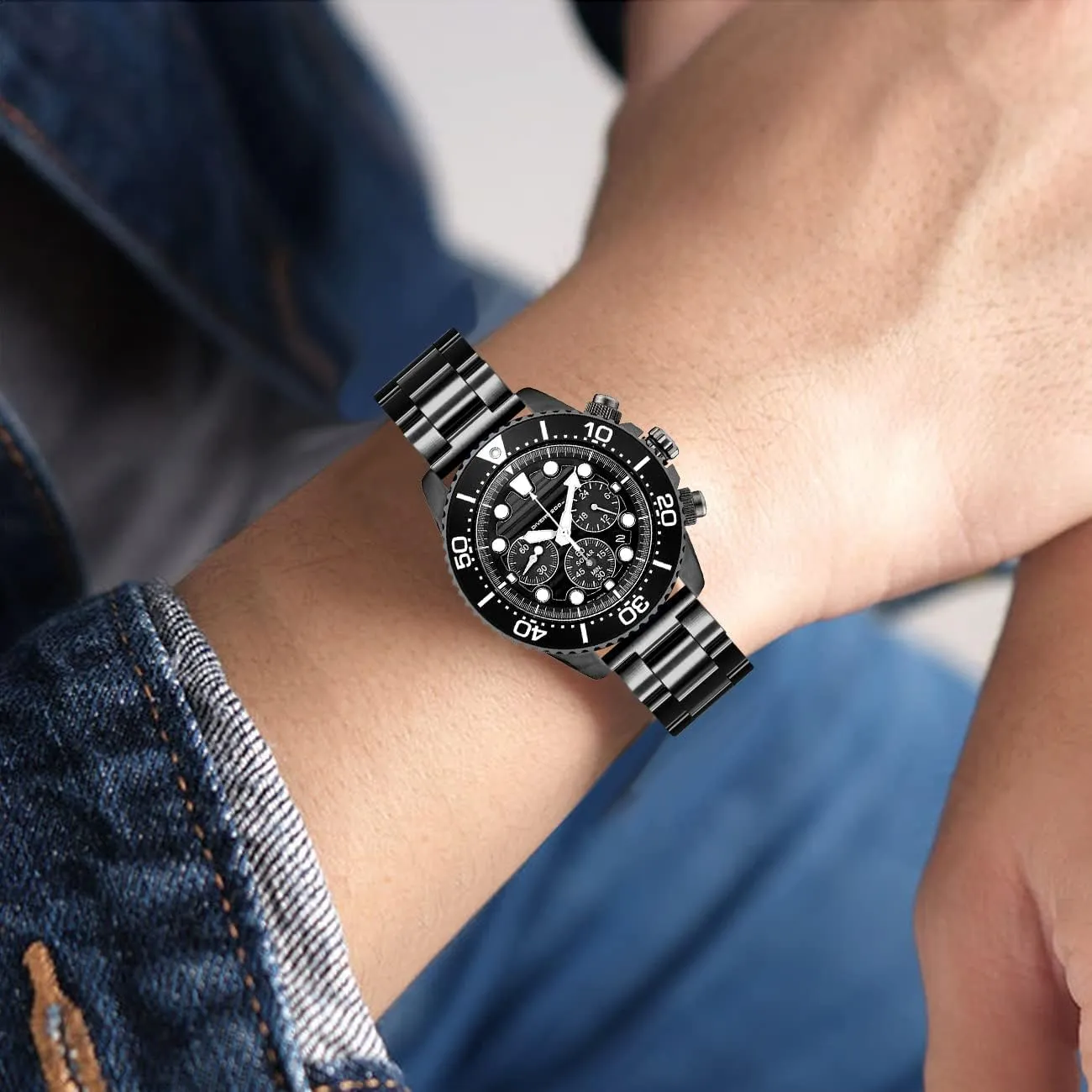 22mm 24mm 26mm Black Silver Super Thick 5.5mm Average Brushed Stainless Steel Straight Ends Watch Band for Men Diver Double Lock Buckle