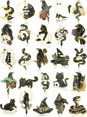 25 Pieces Black Gold Pins Set Backpack Brooches Gothic Pins Crow Snake Cat Button Badges Cool Horror Brooches Cute Aesthetic Badges for Clothing Bags Lapel Jackets DIY Decoration