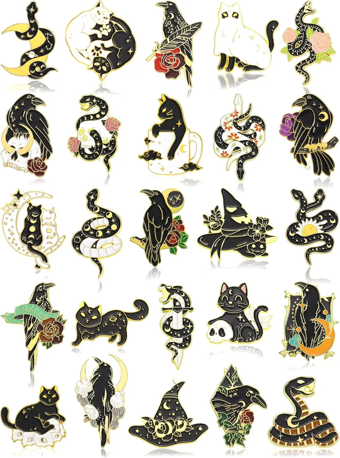 25 Pieces Black Gold Pins Set Backpack Brooches Gothic Pins Crow Snake Cat Button Badges Cool Horror Brooches Cute Aesthetic Badges for Clothing Bags Lapel Jackets DIY Decoration