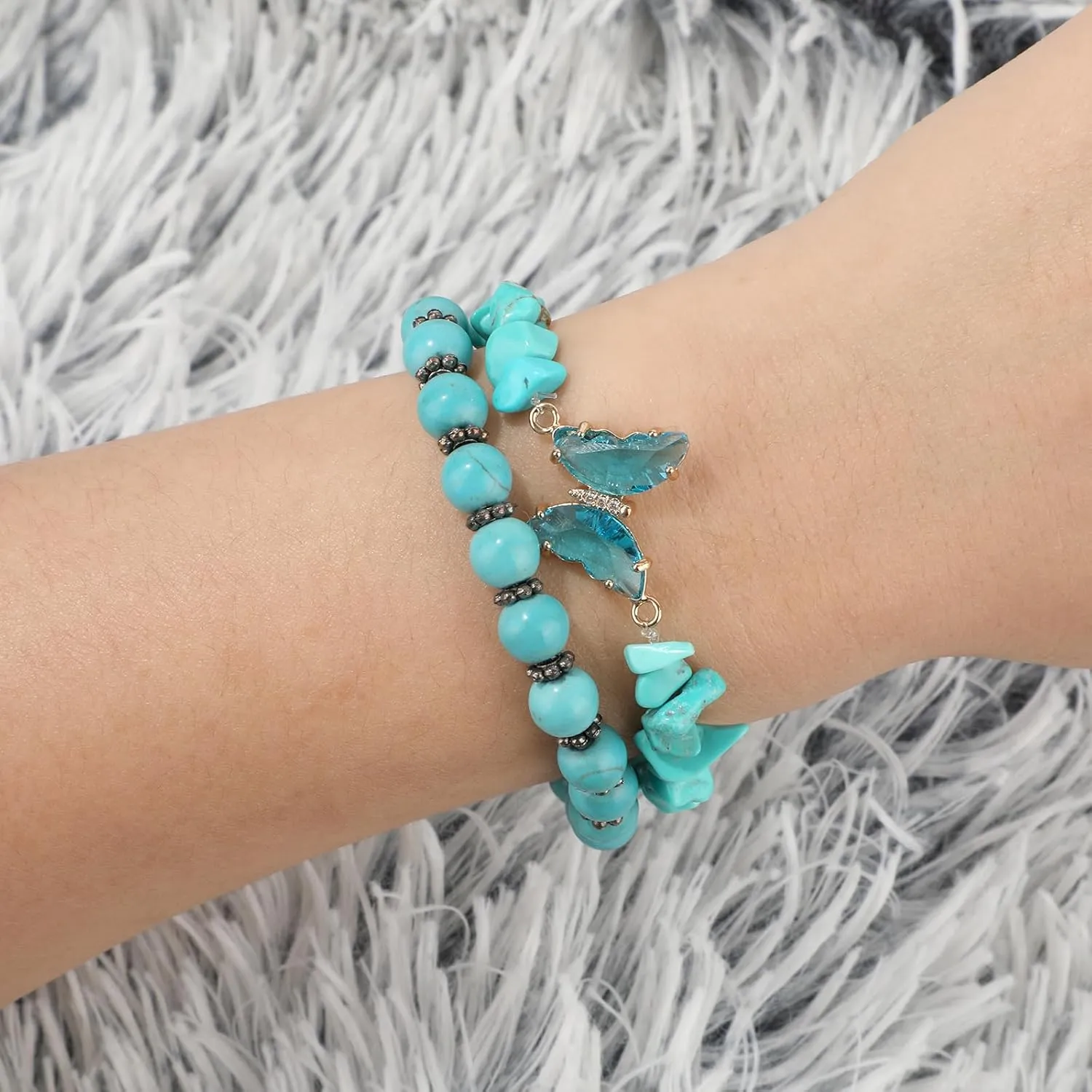 2pcs Bracelets for Women Men, 0.3 Inch Diameter Bracelets Stones and Crystals Elastic Stone Bracelet Bead Bracelets for Valentines Day Birthday Gift