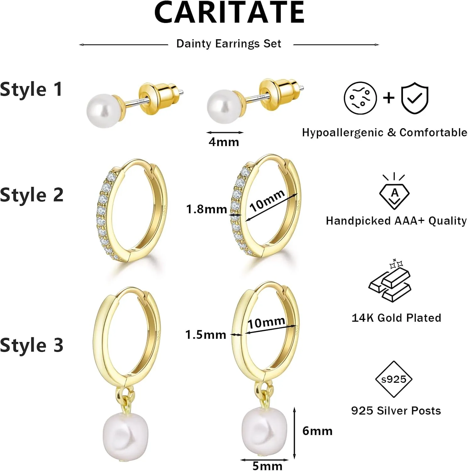 3 Pairs Gold Pearl Earrings for Women: 14K Gold Plated Hoop Stud Earrings Set for Women Hypoallergenic - Pearl Bow Dangle Huggie Earring Stacks Heart Trendy Fashion Accessories Jewelry Gifts for Mom
