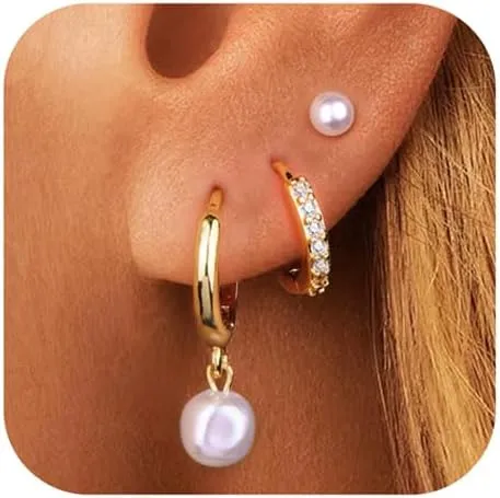3 Pairs Gold Pearl Earrings for Women: 14K Gold Plated Hoop Stud Earrings Set for Women Hypoallergenic - Pearl Bow Dangle Huggie Earring Stacks Heart Trendy Fashion Accessories Jewelry Gifts for Mom
