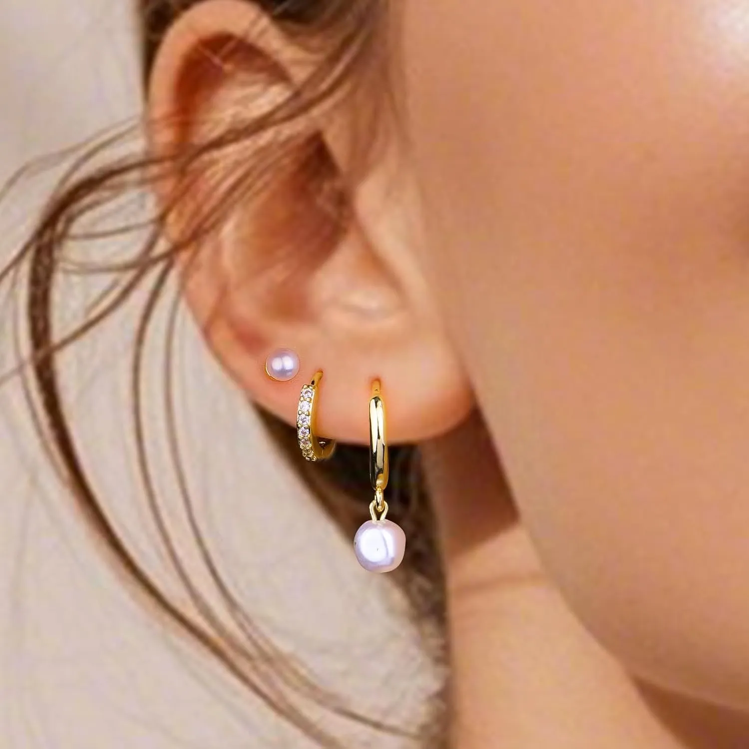 3 Pairs Gold Pearl Earrings for Women: 14K Gold Plated Hoop Stud Earrings Set for Women Hypoallergenic - Pearl Bow Dangle Huggie Earring Stacks Heart Trendy Fashion Accessories Jewelry Gifts for Mom