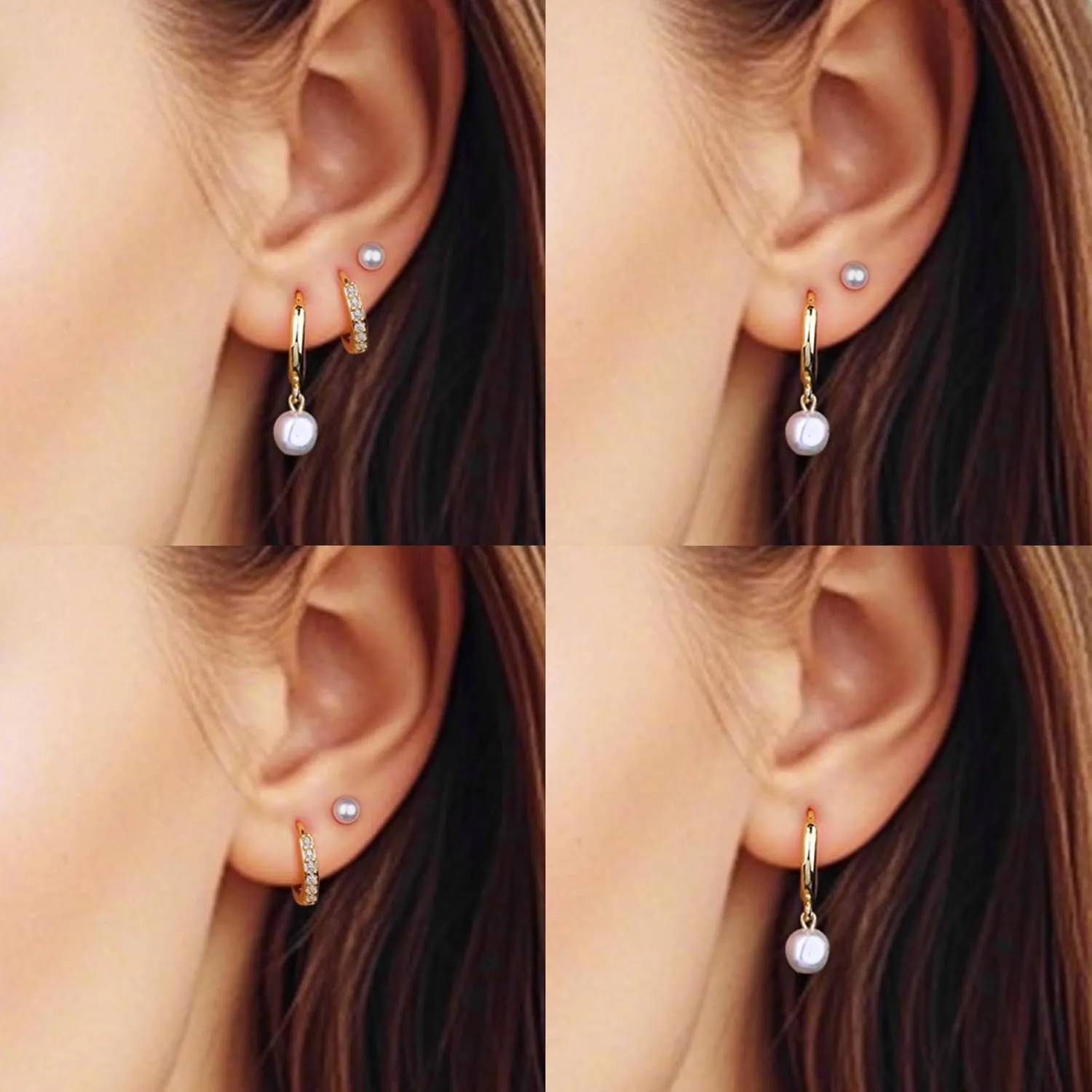 3 Pairs Gold Pearl Earrings for Women: 14K Gold Plated Hoop Stud Earrings Set for Women Hypoallergenic - Pearl Bow Dangle Huggie Earring Stacks Heart Trendy Fashion Accessories Jewelry Gifts for Mom