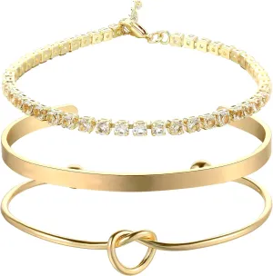 3 pcs Gold Bangle Cuff Knot Bracelet for Women, 14k Gold Plated Adjustable Stack Non Tarnish, Dainty Cubic Zirconia Tennis Bracelets, Collection Jewelry Gifts,Women Trendy Bracelets Jewelry