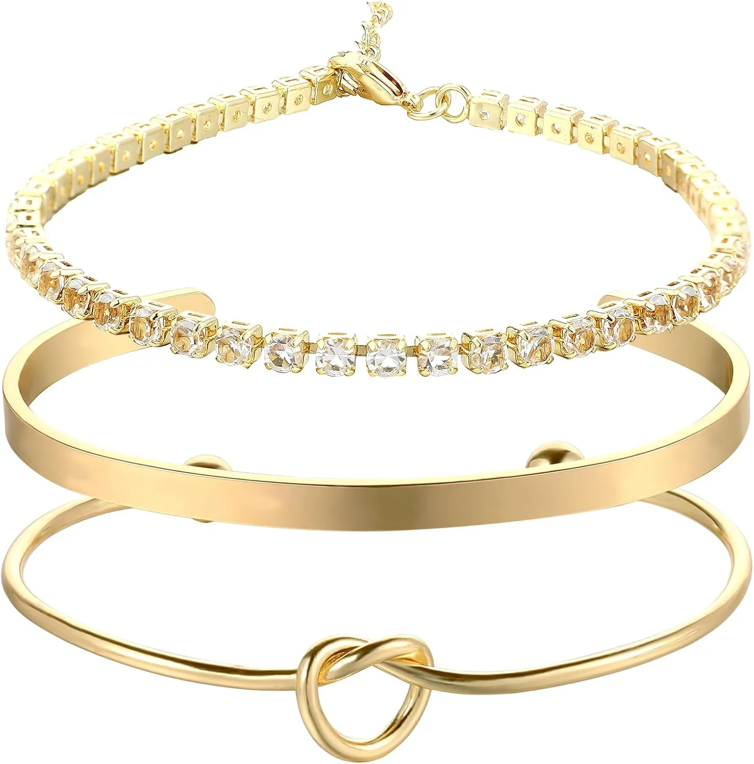 3 pcs Gold Bangle Cuff Knot Bracelet for Women, 14k Gold Plated Adjustable Stack Non Tarnish, Dainty Cubic Zirconia Tennis Bracelets, Collection Jewelry Gifts,Women Trendy Bracelets Jewelry