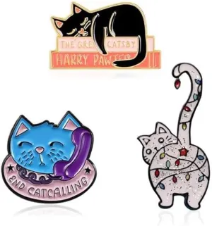3pcs Cute Cat Animal Enamel Brooch Pin Set for Women Girls Boys Lovely Funny Cartoon Make A Phone Call Blue Black White Kitty Pet Lapel Badge Pins Hat Bags Backpack Decoration Jewelry Christmas Gifts