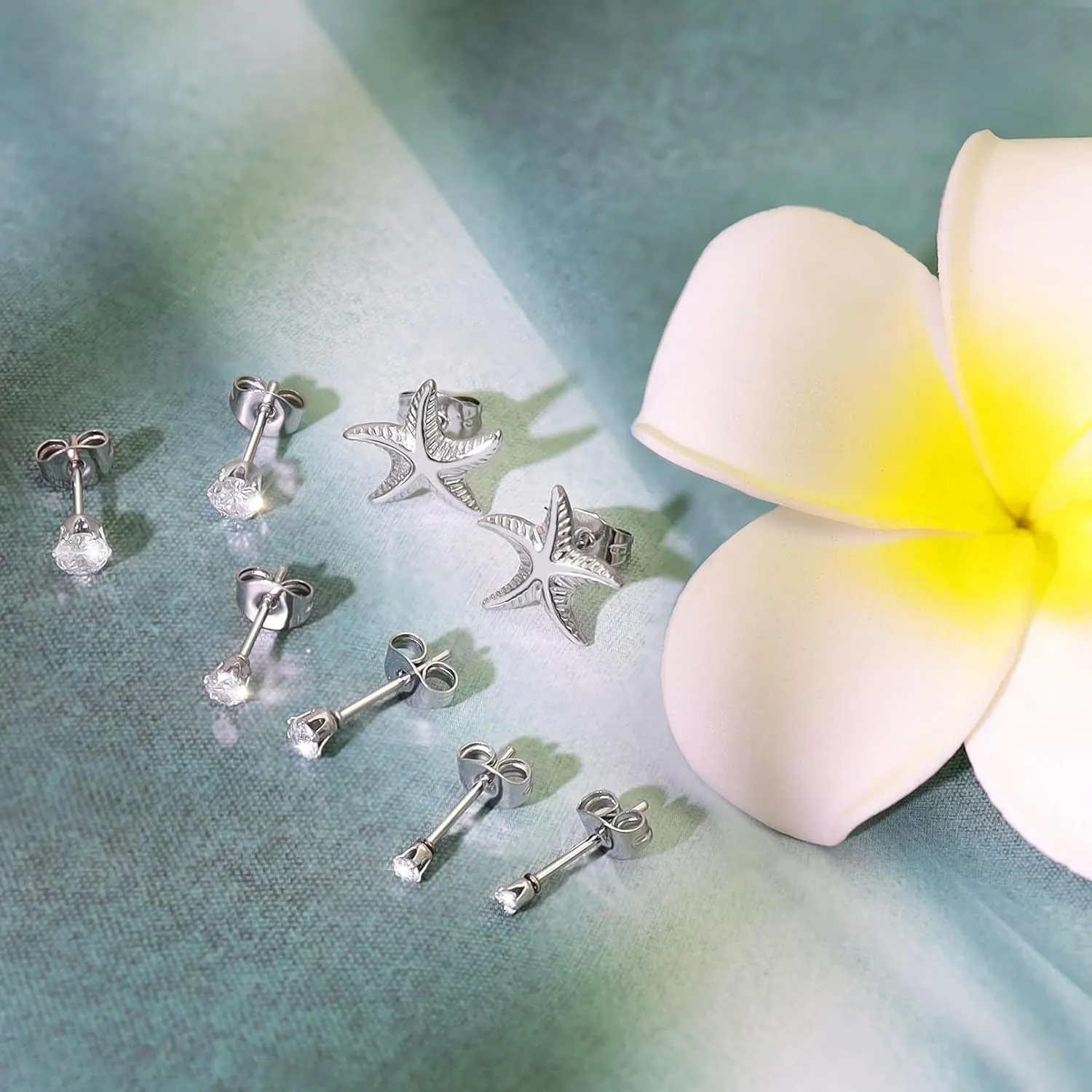 4 Pairs 14K Gold Plated Starfish Stud Earrings,Seashell Mini Cubic Zirconia Tiny Dainty Earrings for Women Stainless Steel Stacks Earring Beach Jewelry Trendy Gifts