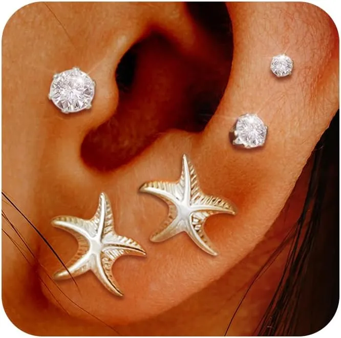 4 Pairs 14K Gold Plated Starfish Stud Earrings,Seashell Mini Cubic Zirconia Tiny Dainty Earrings for Women Stainless Steel Stacks Earring Beach Jewelry Trendy Gifts