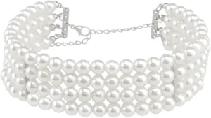 4 Rows Pearl Beads Choker Necklace - Multi-Layer Round Pearl Strand Necklace for Women Prom Grad Ball Jewelry
