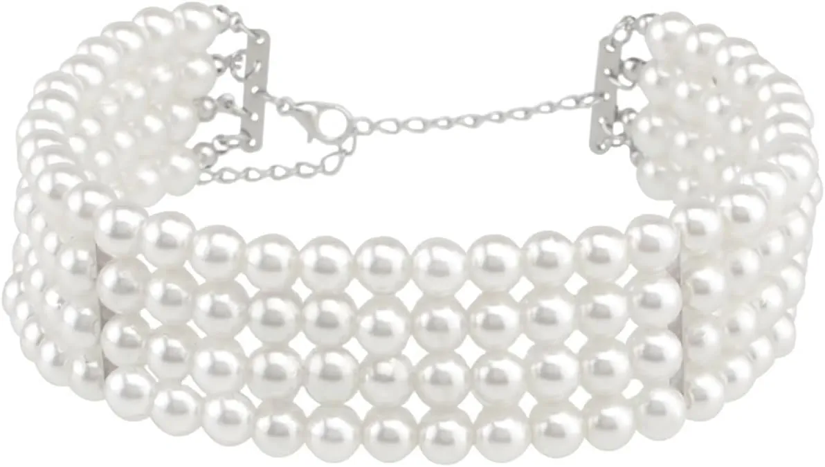 4 Rows Pearl Beads Choker Necklace - Multi-Layer Round Pearl Strand Necklace for Women Prom Grad Ball Jewelry