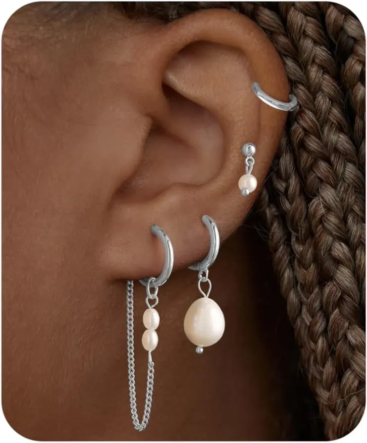 4Pairs Pearl Dangle Earrings Stacks For Women Trendy Drop Chain Set Multiple Piercing Dainty 14K Gold Silver Jewelry