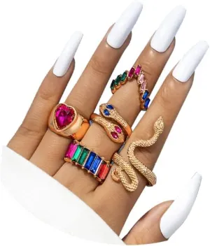 5-8Pcs Vintage Knuckle Rings Set.Color Crystal Rings Set Stackable Finger Rings Snake Rings Jewelry Gifts for Women