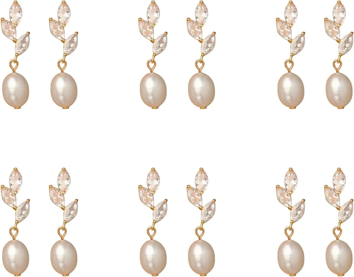 6 Set Dainty Pearl Earrings for Women,Gold Pearl Drop Stud Earrings, Bridesmaid Earrings,Freshwater CZ Leaf Pearl Dangle Drop Earrings,Elegant Oval Pearl Studs for Wedding,Jewelry Gifts for Women,