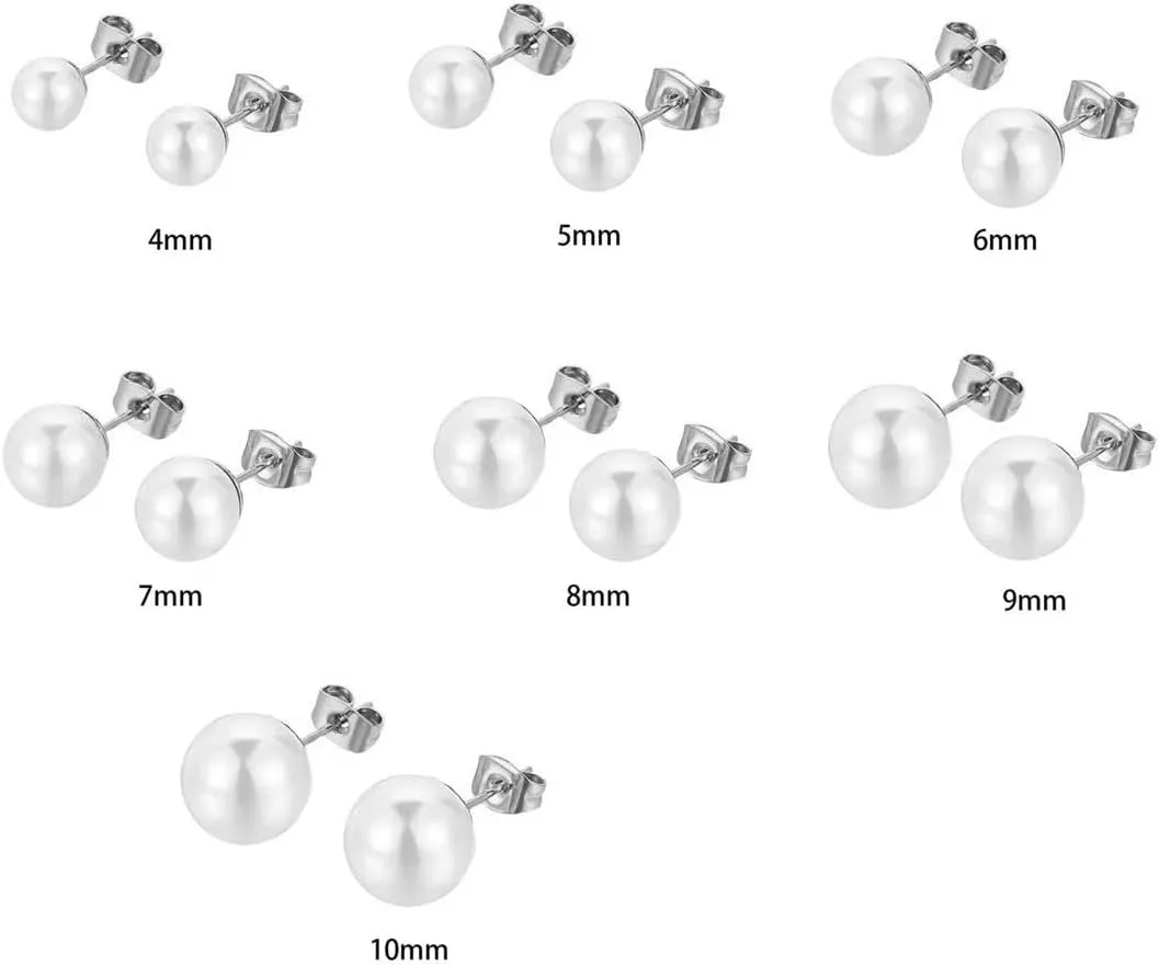 7 Pairs Pearl Stud Earrings Set Imitation Pearl Mixed Sizes Hypoallergenic Earrings Multiple Piercing Stud Pearl Earrings (4mm-10mm)