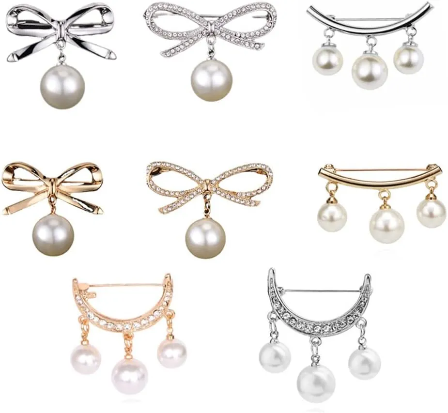8PCS Pearl bow brooch waist fixed clothes accessories sweater anti-glare pin pearl brooch for girls women