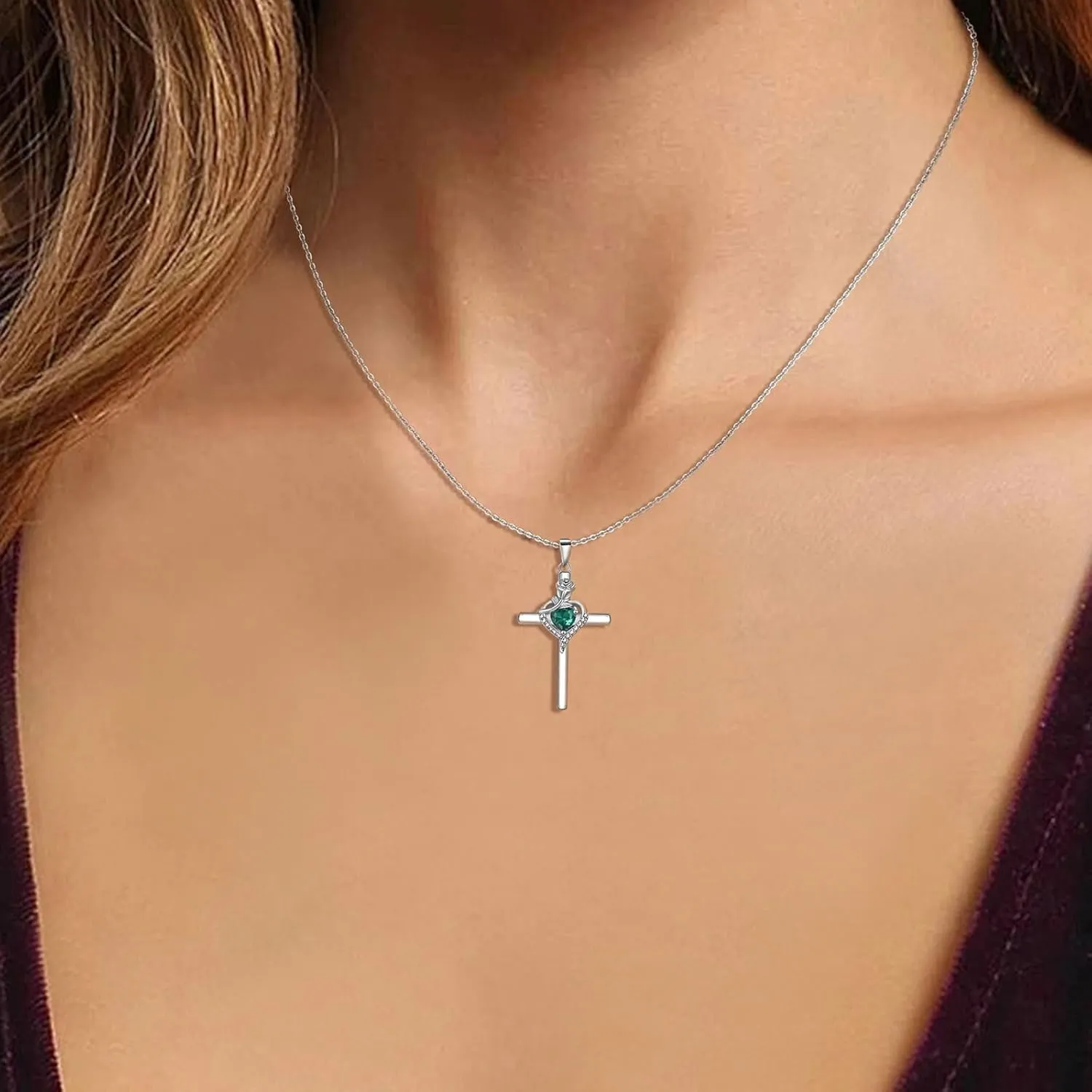 925 Sterling Silver Cross Pendant Necklace with Rose Flower Heart Cubic Zirconia Birthstone Adjustable Chain Jewelry for Women