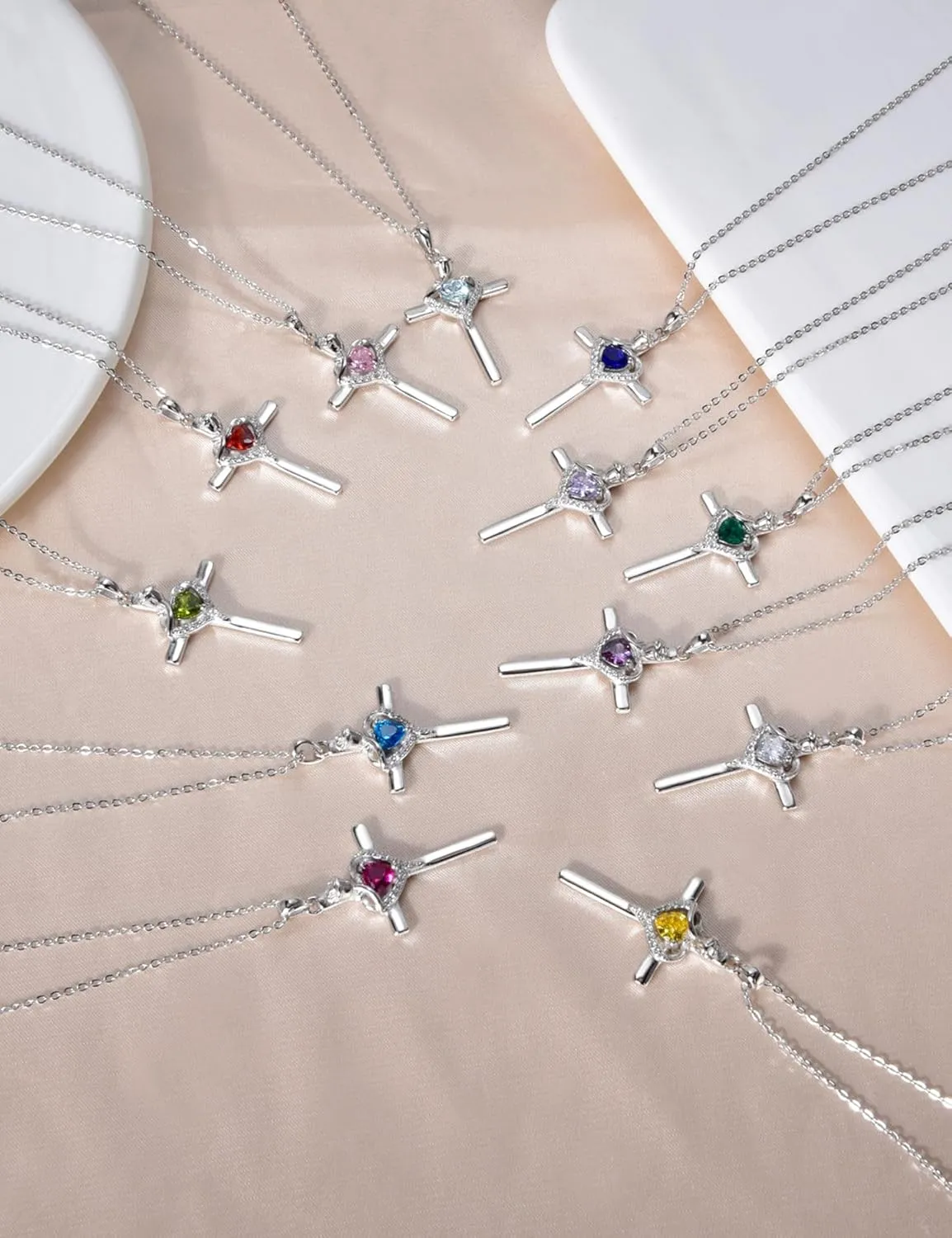 925 Sterling Silver Cross Pendant Necklace with Rose Flower Heart Cubic Zirconia Birthstone Adjustable Chain Jewelry for Women