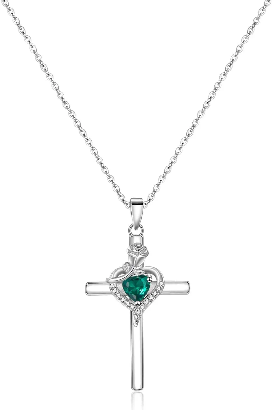 925 Sterling Silver Cross Pendant Necklace with Rose Flower Heart Cubic Zirconia Birthstone Adjustable Chain Jewelry for Women
