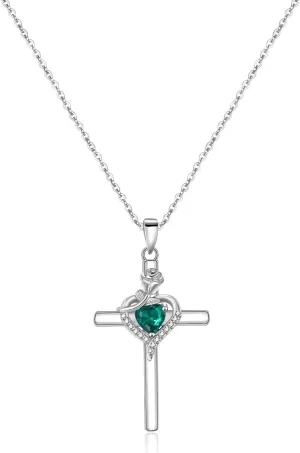 925 Sterling Silver Cross Pendant Necklace with Rose Flower Heart Cubic Zirconia Birthstone Adjustable Chain Jewelry for Women