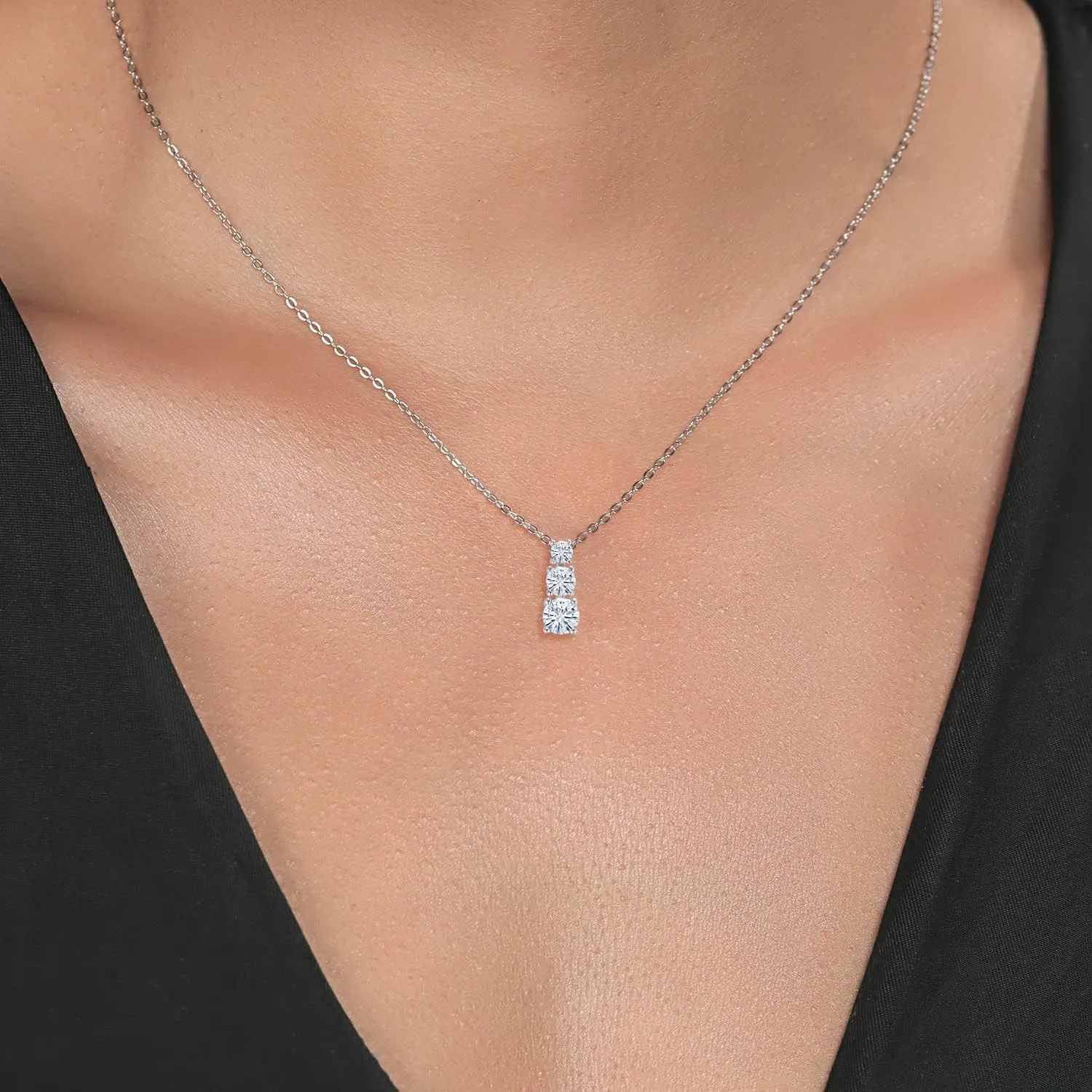 925 Sterling Silver Gemstone Birthstone 3-Stone Pendant Necklace for Women | Vertical Drop Design with 5MM 4MM 3MM Round Stones | 18-Inch Chain Included | Fine Jewelry Gifts for Anniversary Birthday