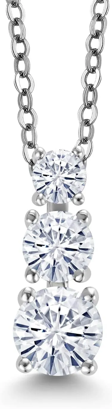 925 Sterling Silver Gemstone Birthstone 3-Stone Pendant Necklace for Women | Vertical Drop Design with 5MM 4MM 3MM Round Stones | 18-Inch Chain Included | Fine Jewelry Gifts for Anniversary Birthday