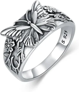 925 Sterling Silver Vintage Gothic Butterfly Mushroom Leaf Ring - Y2K Band Retro Flower Thumb Ring - Birthday Jewelry for Women Men Size 6-12