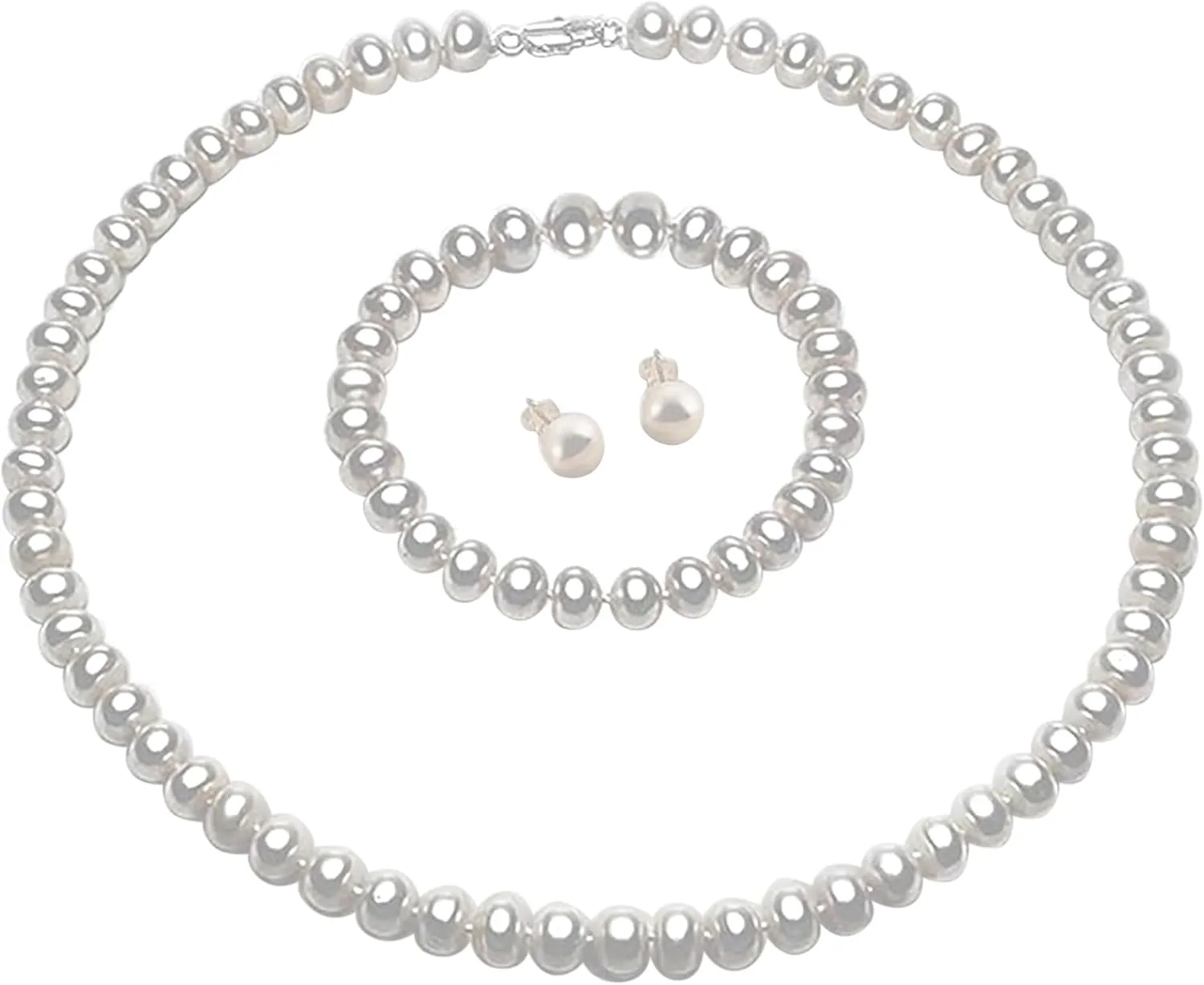 AAA  Quality Pearl Necklace Set With Genuine Freshwater Cultured Pearls, 3 pcs Pearl Jewelry Set, With Necklace/Bracelet/Earings, Mother's Day Birthday Wedding, Gift for Brides, Mom, Wife