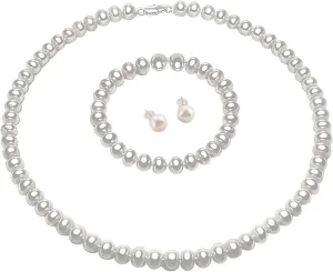 AAA  Quality Pearl Necklace Set With Genuine Freshwater Cultured Pearls, 3 pcs Pearl Jewelry Set, With Necklace/Bracelet/Earings, Mother's Day Birthday Wedding, Gift for Brides, Mom, Wife
