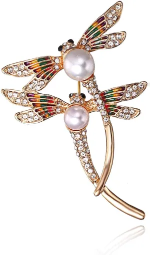 AILUOR Elegant Dragonfly Brooch Pins, Gold Tone Austrian Crystal Colorful Enamel Double Dragonfly Simulated Pearl Rhinestone Brooch Jewelry