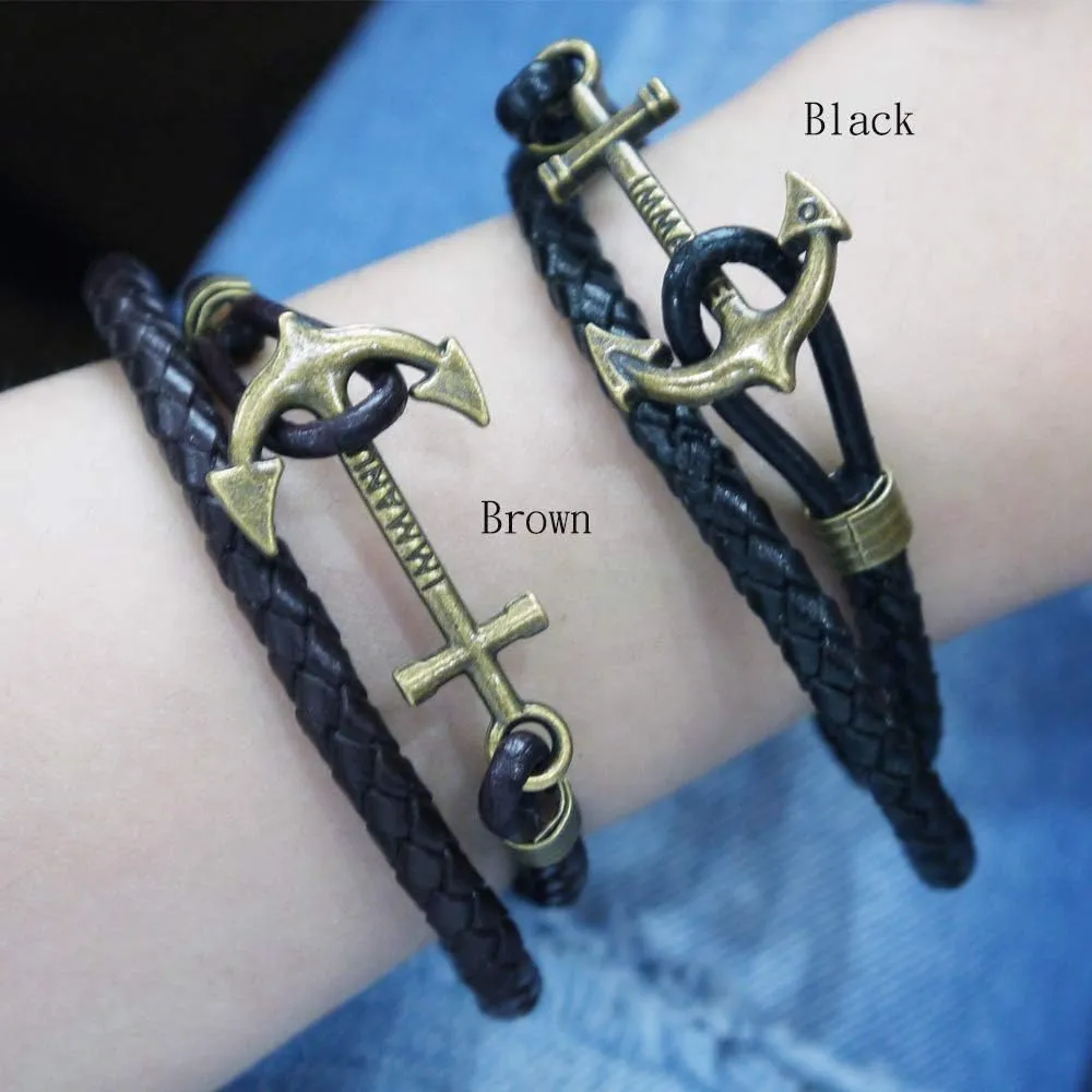 Anchor Braided Leather Bracelets for Mens Black Brown Leather Cuff Wrap Vintage Pendant Women Gift Ship Boat Friends Family Birthday Christmas